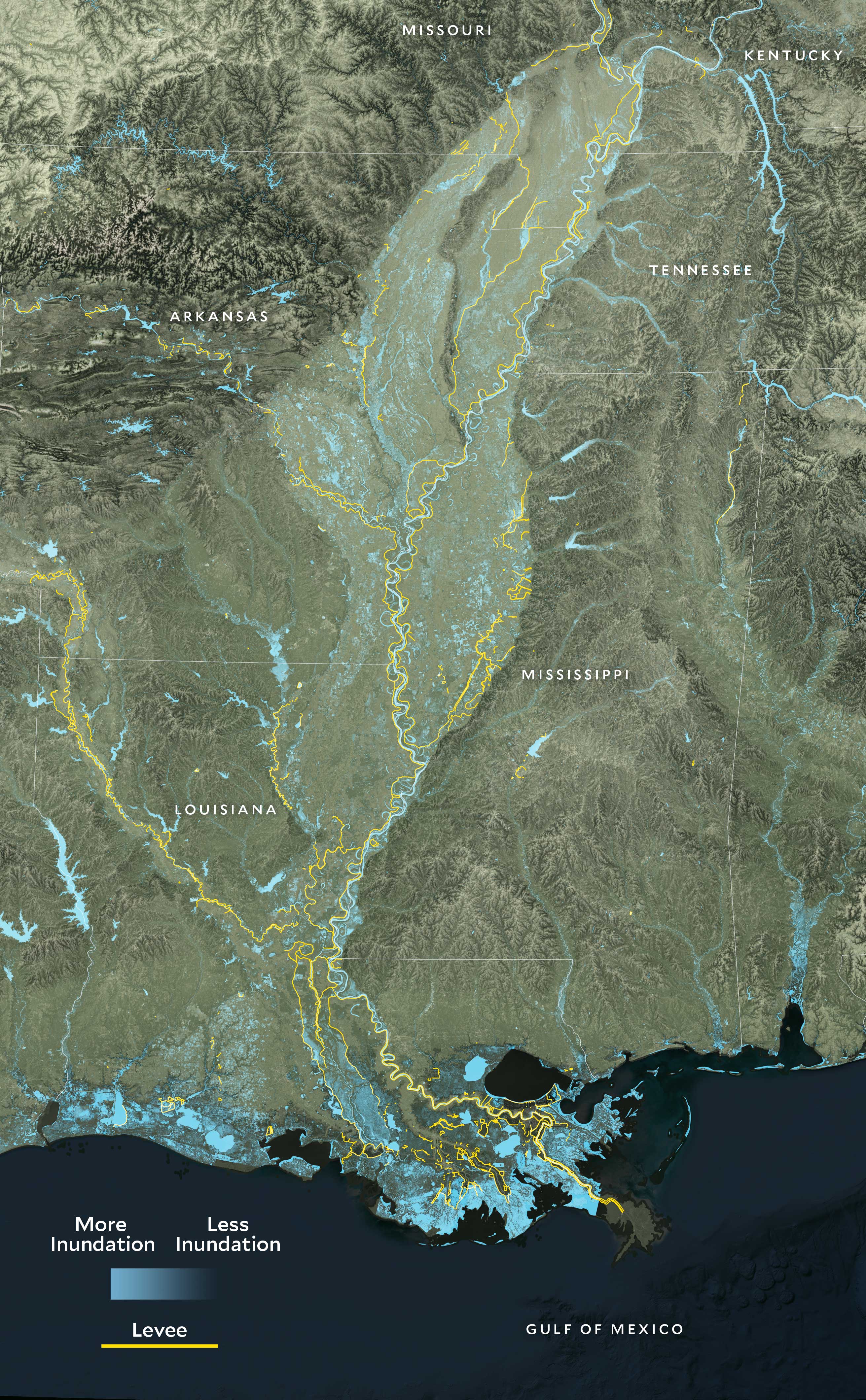 Map of the Mississippi Delta extending from Missouri and Kentucky, through Arkansas, Tennessee, Mississippi and Louisiana, showing the frequency of flooding in blue.
